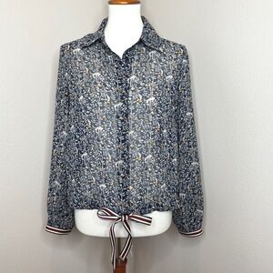 MARE MARE ANTHROPOLOGIE Evant‎ Blue Floral Sheer Blouse SMALL Ribbon Tie at Hem
